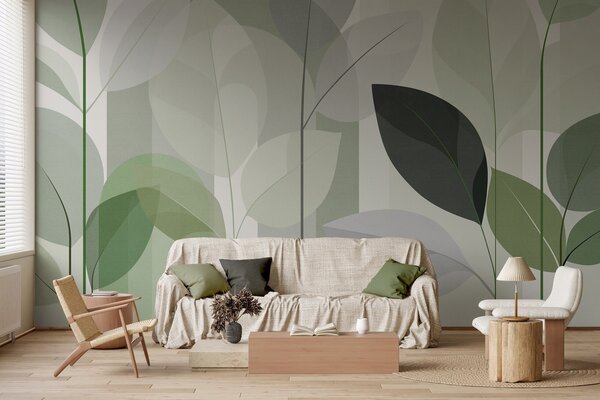 Tapet un model abstract cu frunze, realizat într-un stil de țesătură mată, în nuanțe de verde, Imagini de fundal unice, w05986v1 : Uwalls.ro
