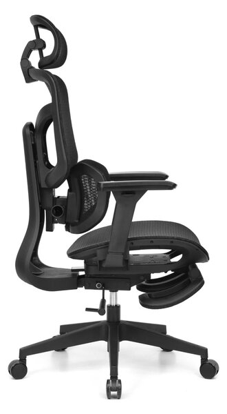 Scaun Ergonomic AirMesh Pro E399-H – Full Mesh, Suport Lombar Reglabil pe Înălțime, Cotiere 4D, Tetiera 3D, Reclinare Automată, Suport Picioare, Negru