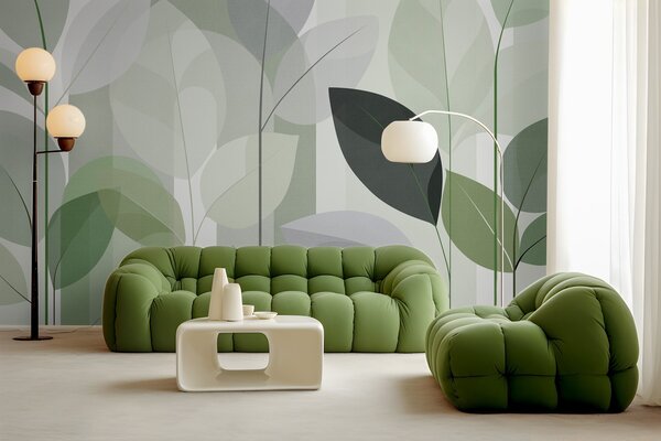 Tapet un model abstract cu frunze, realizat într-un stil de țesătură mată, în nuanțe de verde, Imagini de fundal unice, w05986v1 : Uwalls.ro