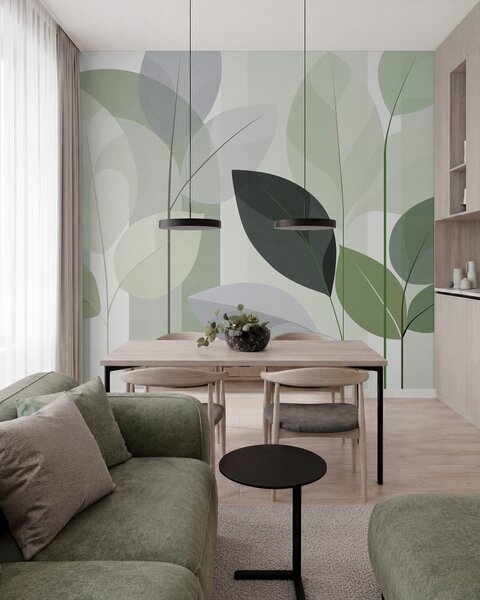 Tapet un model abstract cu frunze, realizat într-un stil de țesătură mată, în nuanțe de verde, Imagini de fundal unice, w05986v1 : Uwalls.ro