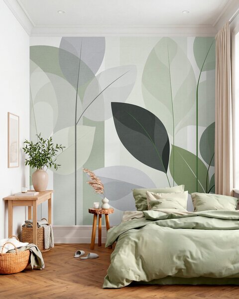Tapet un model abstract cu frunze, realizat într-un stil de țesătură mată, în nuanțe de verde, Imagini de fundal unice, w05986v1 : Uwalls.ro