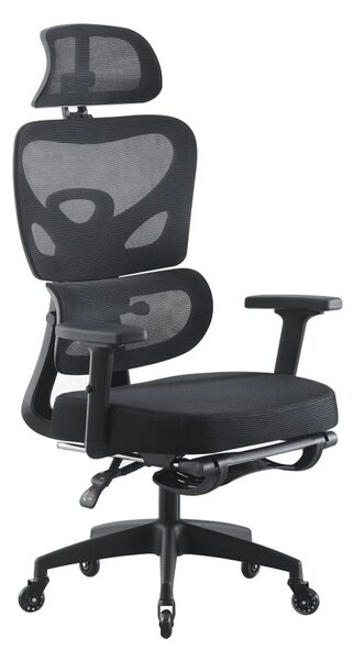 RESIGILAT- Scaun ergonomic, cotiere 3D, suport lombar adaptiv, spătar reglabil pe inaltime, tetiera 3D, suport pentru picioare, pivotant, Mesh, Negru