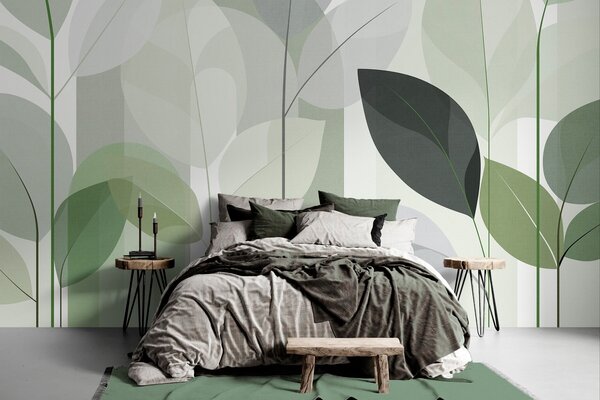 Tapet un model abstract cu frunze, realizat într-un stil de țesătură mată, în nuanțe de verde, Imagini de fundal unice, w05986v1 : Uwalls.ro
