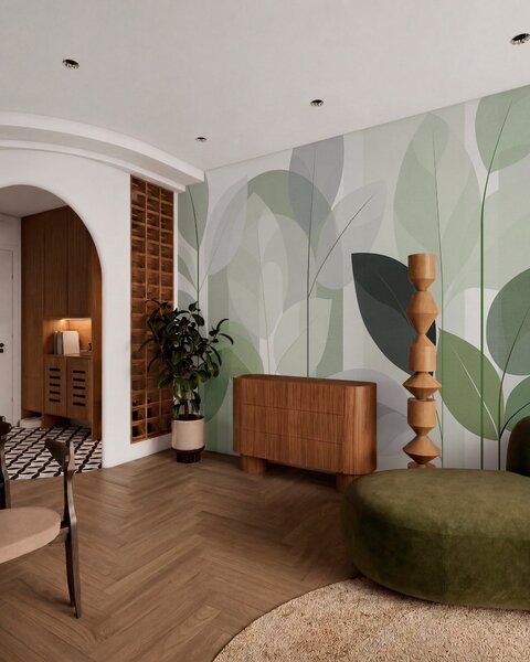 Tapet un model abstract cu frunze, realizat într-un stil de țesătură mată, în nuanțe de verde, Imagini de fundal unice, w05986v1 : Uwalls.ro