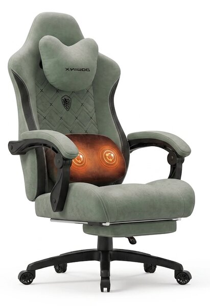 DOWINX Scaun gaming, ergonomic, Incalzire si Masaj cu Role in perna lombara, Șezut cu Arcuri Metalice și Spumă, rabatabil 90°-135°, Suport picioare, rezistent 150 kg, material textil, Verde