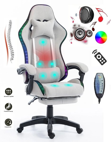 ALFORD Scaun gaming cu Masaj in 5 puncte, Perna lombara cu Masaj, Sistem iluminare banda LED RGB, Boxe Bluetooth, suport picioare, catifea, Gri
