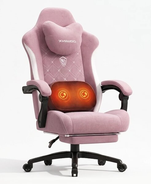 DOWINX Scaun gaming, ergonomic, Incalzire si Masaj cu Role in perna lombara, Șezut cu Arcuri Metalice și Spumă, rabatabil 90°-135°, Suport picioare, rezistent 150 kg, material textil, Roz