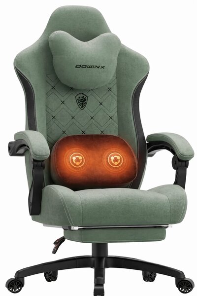 DOWINX Scaun gaming, ergonomic, Incalzire si Masaj cu Role in perna lombara, Șezut cu Arcuri Metalice și Spumă, rabatabil 90°-135°, Suport picioare, rezistent 150 kg, material textil, Verde