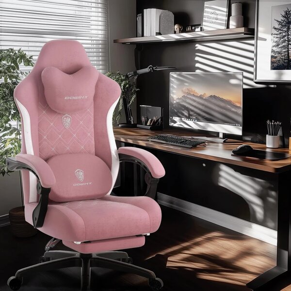 DOWINX Scaun gaming, ergonomic, Incalzire si Masaj cu Role in perna lombara, Șezut cu Arcuri Metalice și Spumă, rabatabil 90°-135°, Suport picioare, rezistent 150 kg, material textil, Roz