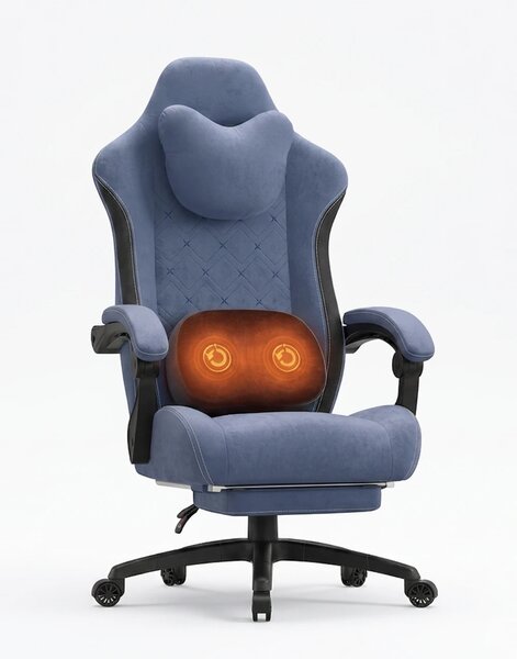 DOWINX Scaun gaming, ergonomic, Incalzire si Masaj cu Role in perna lombara, Șezut cu Arcuri Metalice și Spumă, rabatabil 90°-135°, Suport picioare, rezistent 150 kg, material textil, Albastru