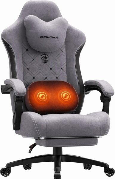 DOWINX Scaun gaming, ergonomic, Incalzire si Masaj cu Role in perna lombara, Șezut cu Arcuri Metalice și Spumă, rabatabil 90°-135°, Suport picioare, rezistent 150 kg, material textil, Gri