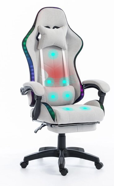 ALFORD Scaun gaming cu Masaj in 5 puncte, Perna lombara cu Masaj, Sistem iluminare banda LED RGB, Boxe Bluetooth, suport picioare, catifea, Gri