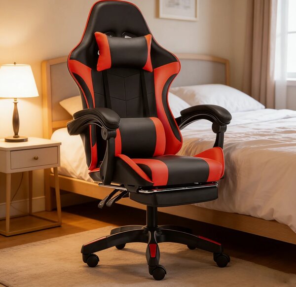 Scaun gaming, Masaj în perna lombară, Rabatabil 90-145°, Suport picioare, piele PU, Negru/Rosu
