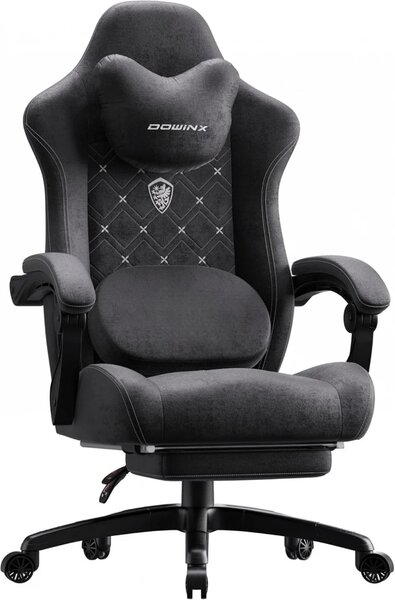 DOWINX Scaun gaming, ergonomic, Incalzire si Masaj cu Role in perna lombara, Șezut cu Arcuri Metalice și Spumă, rabatabil 90°-135°, Suport picioare, rezistent 150 kg, material textil, Negru