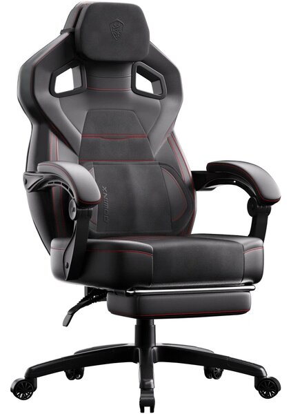 DOWINX Scaun gaming, ergonomic, suport lombar cu masaj, Șezut cu Arcuri Metalice și Spumă, Spătar înalt, rabatabil 90°-145°, Suport picioare, rezistent 150 kg, material PU respirabil, Negru