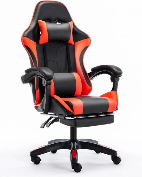 Scaun gaming, Masaj în perna lombară, Rabatabil 90-145°, Suport picioare, piele PU, Negru/Rosu