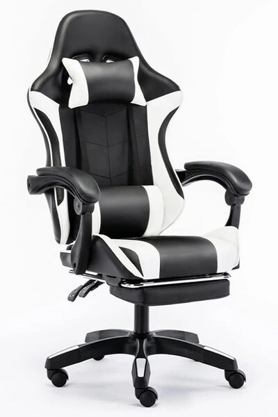 Scaun gaming, Masaj în perna lombară, Rabatabil 90-145°, Suport picioare, piele PU, Negru/Alb