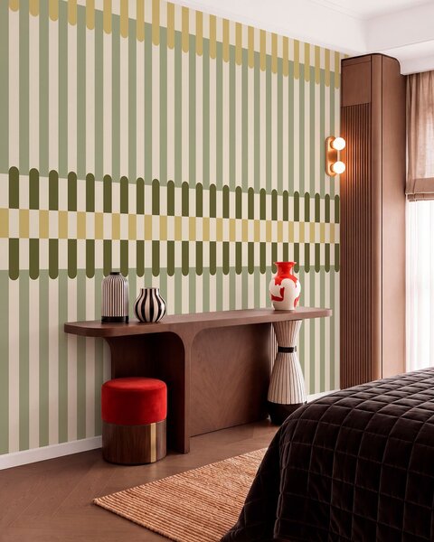 Tapet Model cu dungi în nuanțe de verde și nisip, Fototapet Geometrie, w05150 : Uwalls.ro