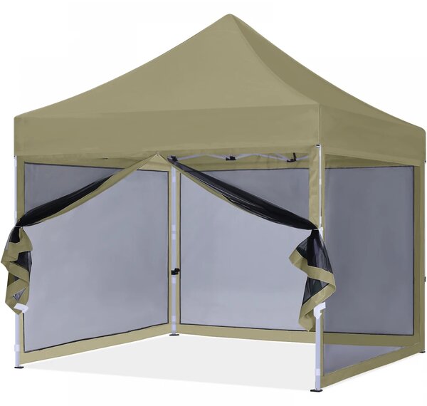 ABCCANOPY – Cort pavilion pliabil 3x3 m, cu pereți Mesh anti-insecte, înălțime reglabilă (3 trepte), impermeabil, protecție UV, Kaki