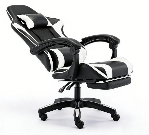 Scaun gaming, Masaj în perna lombară, Rabatabil 90-145°, Suport picioare, piele PU, Negru/Alb