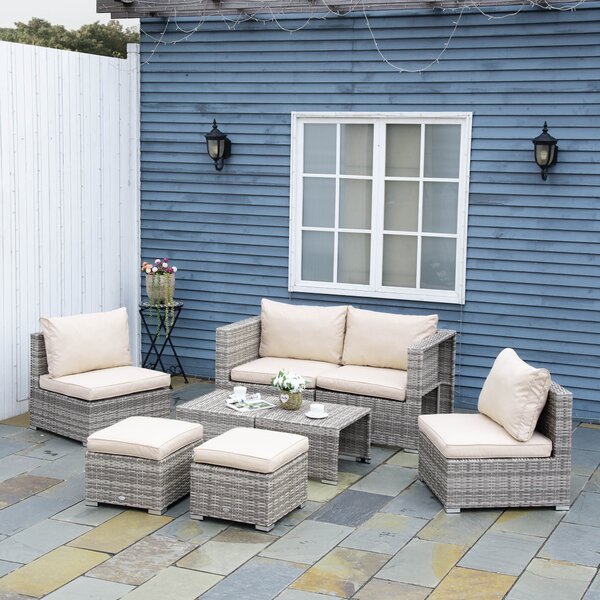 Outsunny Set Mobilier de Grădină Lux 8 Piese, Canapea, Perne Detașabile și Lavabile, Ratan PE Bej, Spațios | Aosom Romania
