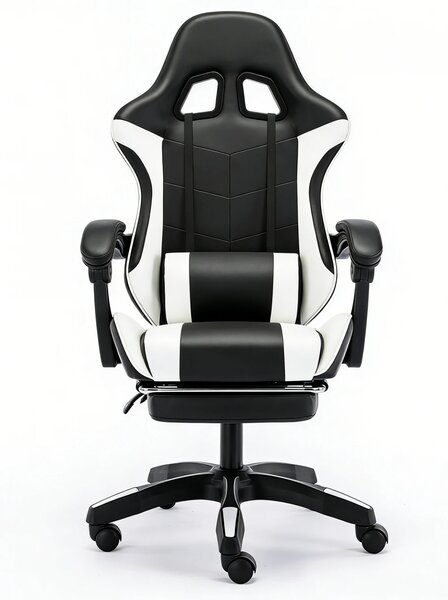 Scaun gaming, Masaj în perna lombară, Rabatabil 90-145°, Suport picioare, piele PU, Negru/Alb