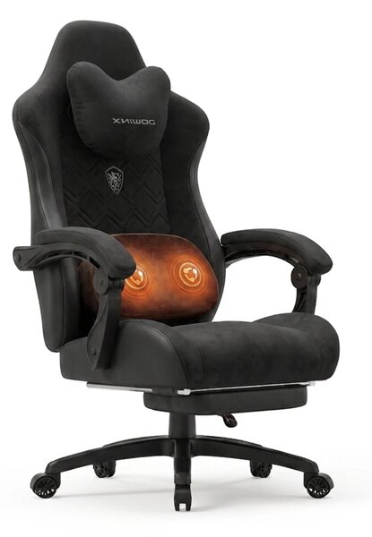 DOWINX Scaun gaming, ergonomic, Incalzire si Masaj cu Role in perna lombara, Șezut cu Arcuri Metalice și Spumă, rabatabil 90°-135°, Suport picioare, rezistent 150 kg, material textil, Negru
