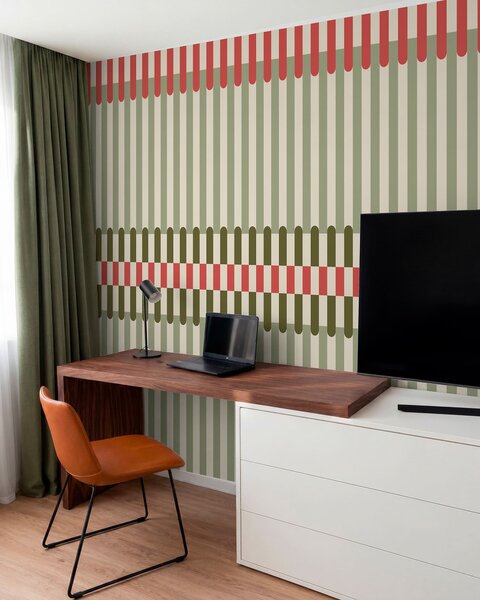 Tapet Model în dungi în nuanțe de verde și coral, Fototapet Geometrie, w05150v4 : Uwalls.ro