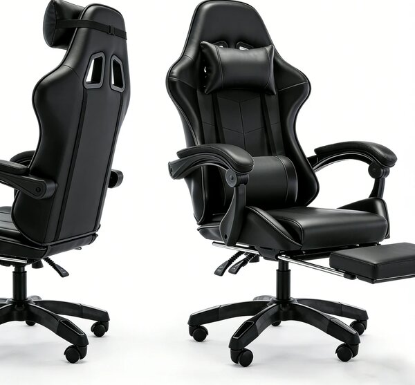 Scaun gaming, Masaj în perna lombară, Rabatabil 90-145°, Suport picioare, piele PU, Negru