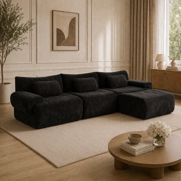 VELORA – Canapea Modulară din Chenille Premium, din spumă de înaltă densitate, L-Shape, 3 perne, Ultra Confort & Design Reconfigurabil, Negru
