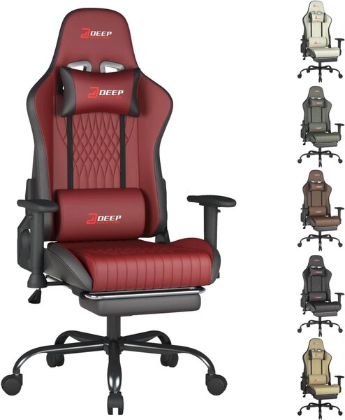 Scaun gaming, Pernă lombară cu Masaj vibrator, Suport pentru picioare, Cotiere 2D, piele PU, Rosu