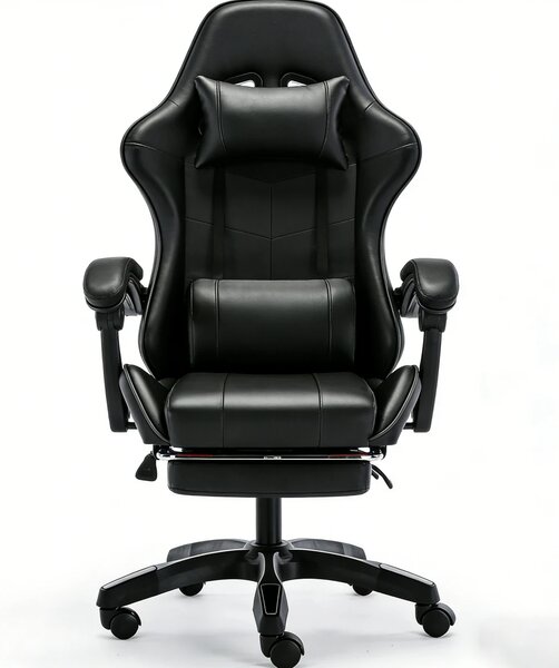 Scaun gaming, Masaj în perna lombară, Rabatabil 90-145°, Suport picioare, piele PU, Negru