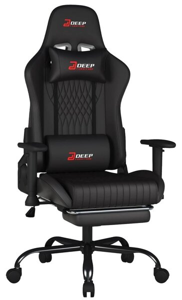 Scaun gaming, Pernă lombară cu Masaj vibrator, Suport pentru picioare, Cotiere 2D, piele PU, Negru