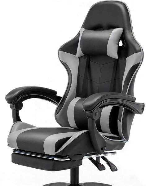 Scaun gaming, Masaj în perna lombară, Rabatabil 90-145°, Suport picioare, piele PU, Negru/Gri