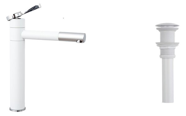 Set baterie lavoar TRENDY S , design cilindric , montare pe blat ,white-chrom, cu ventil evacuare lavoar fara prea plin alb mat