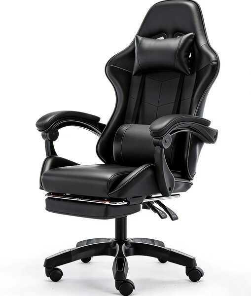 Scaun gaming, Masaj în perna lombară, Rabatabil 90-145°, Suport picioare, piele PU, Negru