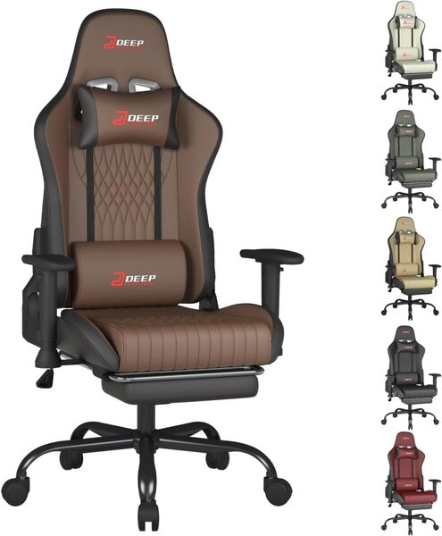 Scaun gaming, Pernă lombară cu Masaj vibrator, Suport pentru picioare, Cotiere 2D, piele PU, Maro
