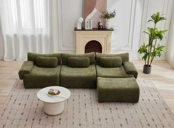 VELORA – Canapea Modulară din Chenille Premium, din spumă de înaltă densitate, L-Shape, 3 perne, Ultra Confort & Design Reconfigurabil, Verde