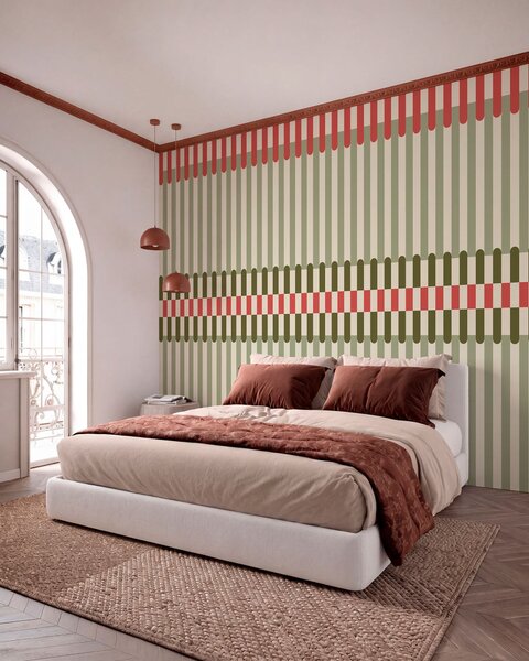 Tapet Model în dungi în nuanțe de verde și coral, Fototapet Geometrie, w05150v4 : Uwalls.ro