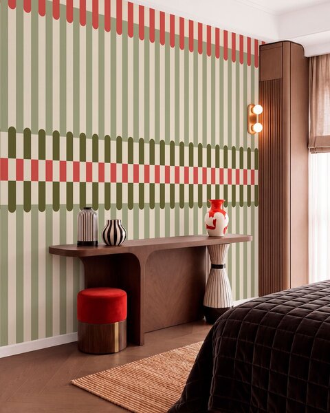 Tapet Model în dungi în nuanțe de verde și coral, Fototapet Geometrie, w05150v4 : Uwalls.ro
