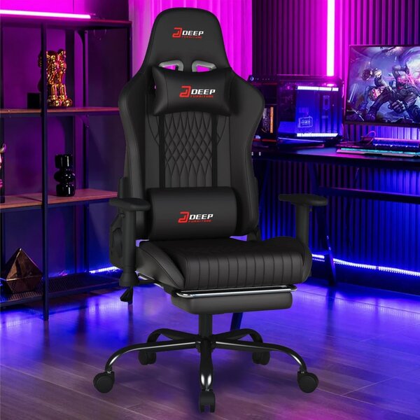 Scaun gaming, Pernă lombară cu Masaj vibrator, Suport pentru picioare, Cotiere 2D, piele PU, Negru