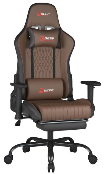 Scaun gaming, Pernă lombară cu Masaj vibrator, Suport pentru picioare, Cotiere 2D, piele PU, Maro