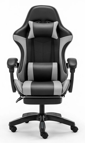 Scaun gaming, Masaj în perna lombară, Rabatabil 90-145°, Suport picioare, piele PU, Negru/Gri