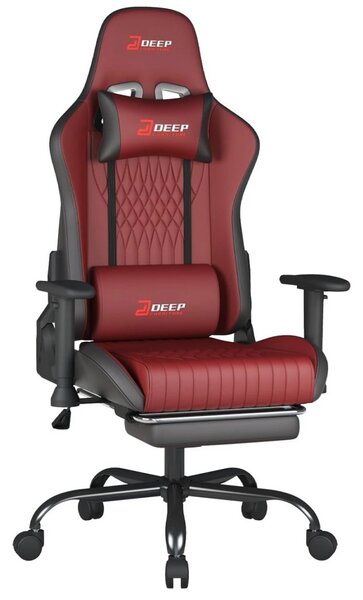 Scaun gaming, Pernă lombară cu Masaj vibrator, Suport pentru picioare, Cotiere 2D, piele PU, Rosu