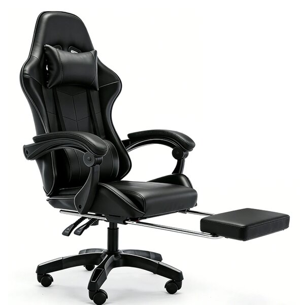 Scaun gaming, Masaj în perna lombară, Rabatabil 90-145°, Suport picioare, piele PU, Negru