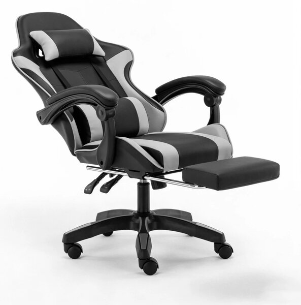 Scaun gaming, Masaj în perna lombară, Rabatabil 90-145°, Suport picioare, piele PU, Negru/Gri
