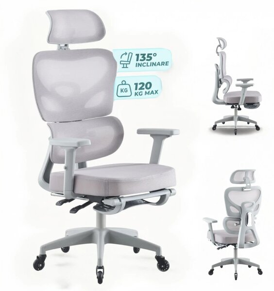 Scaun ergonomic, cotiere 3D, suport lombar adaptiv, spătar reglabil pe inaltime, tetiera 3D, suport pentru picioare, pivotant, Mesh, Gri