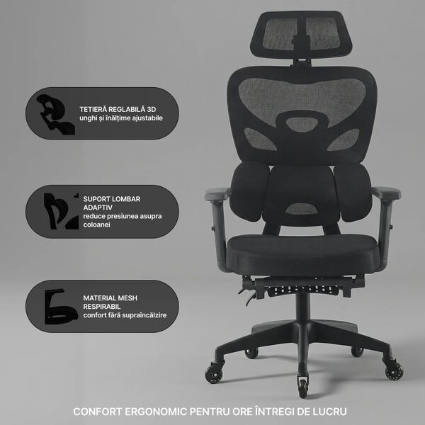 Scaun ergonomic, Suport Lombar 3 Zone Dinamice, Spătar ajustabil pe inaltime, cotiere 3D, tetiera 3D, suport pentru picioare, umeras, pivotant, Mesh, Negru