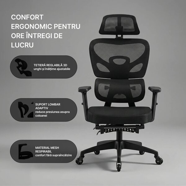 Scaun ergonomic, cotiere 3D, suport lombar adaptiv, spătar reglabil pe inaltime, tetiera 3D, suport pentru picioare, pivotant, Mesh, Negru