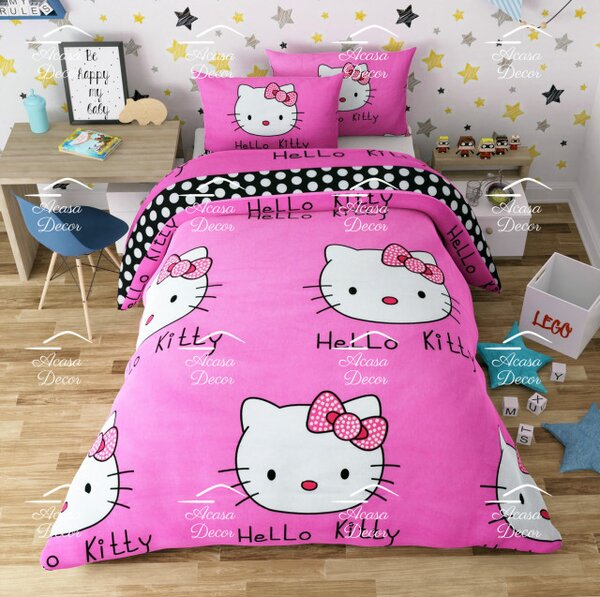 Lenjerie de pat copii Hello Kitty fundal roz